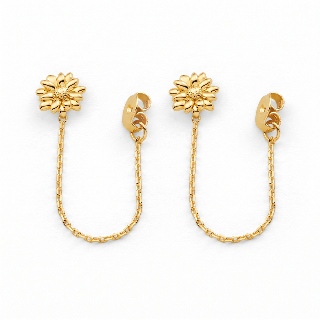 Metal Masters 14K Gold Plated Chained Daisy Stud Earrings Floral Chain Loop