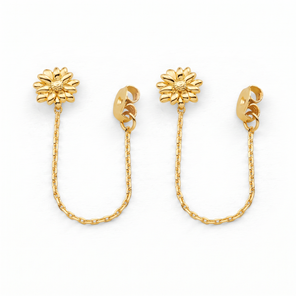 Metal Masters 14K Gold Plated Mini Clover Daisy Stud Earrings Sparkle Chain Loop