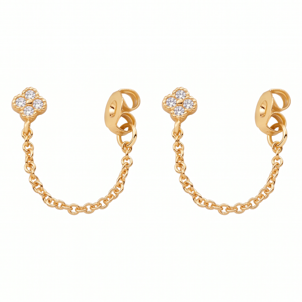 Metal Masters 14K Gold Plated Mini Clover Daisy Stud Earrings Sparkle Chain Loop