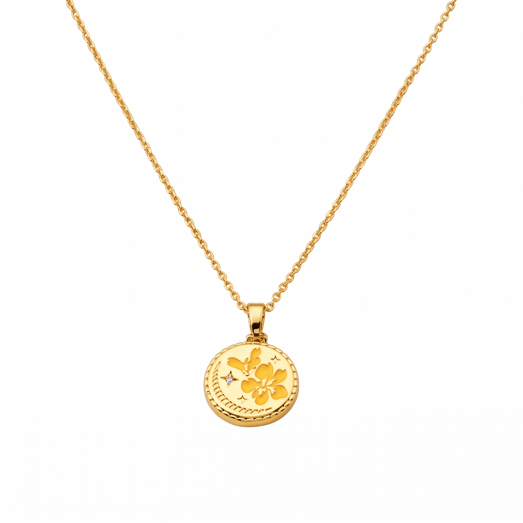 14K Gold Plated Dainty Hibiscus Enameled Necklace Pendant for Women with Adjustable 16-18 in Chain