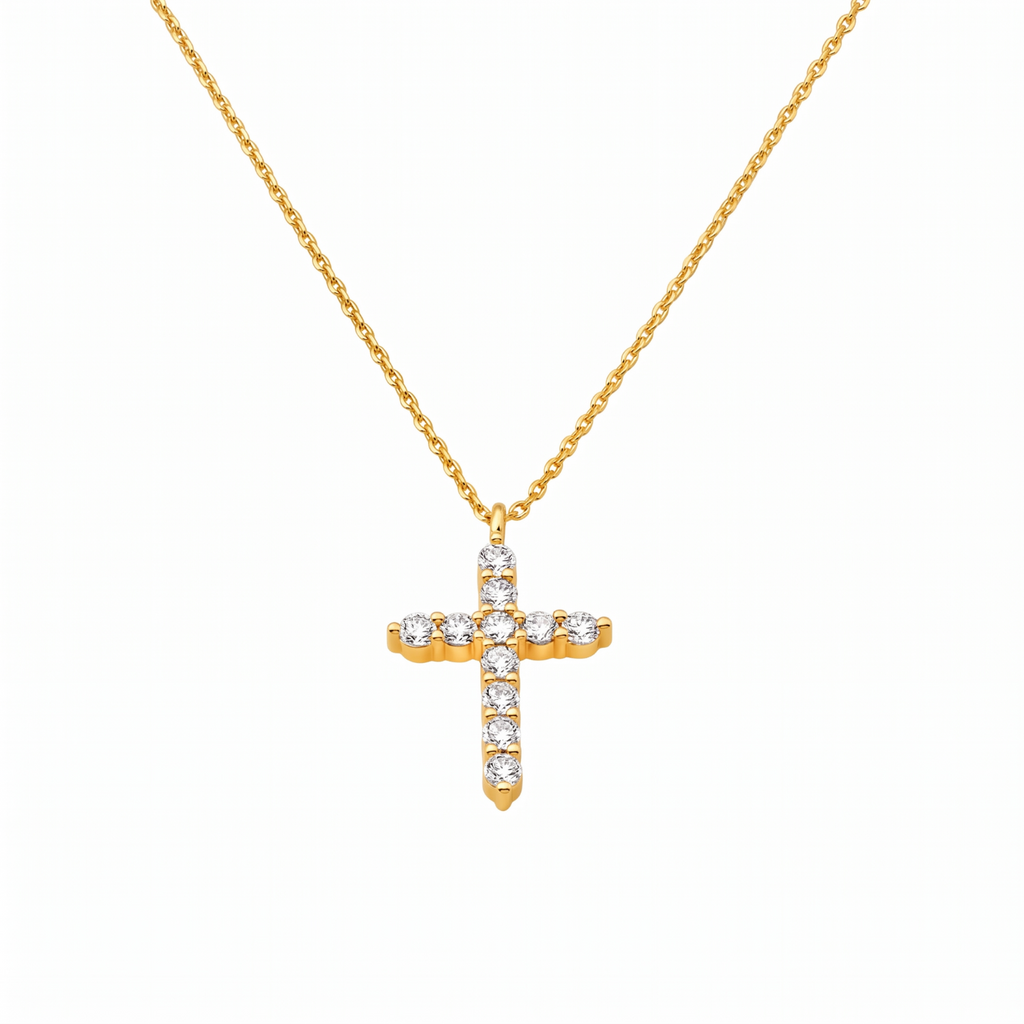 14K Gold Plated Cubic Zirconia Cross Faith Pendant Necklace for Women Waterproof Adjustable 16 to 18 in Chain