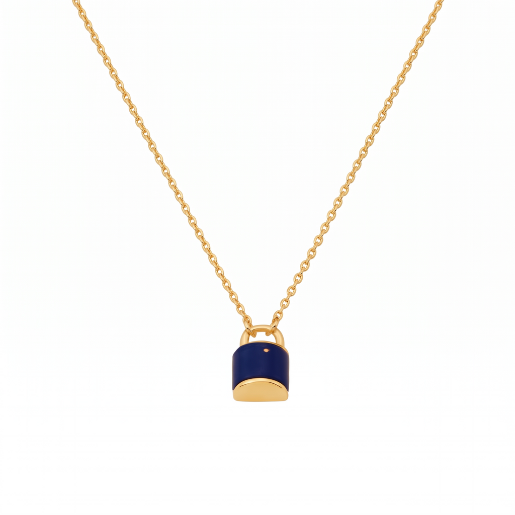 Metal Masters Dainty 14K Gold Plated Padlock Lapis Lazuli Pendant Necklace, Adjustable 16 to 18 Inch Chain