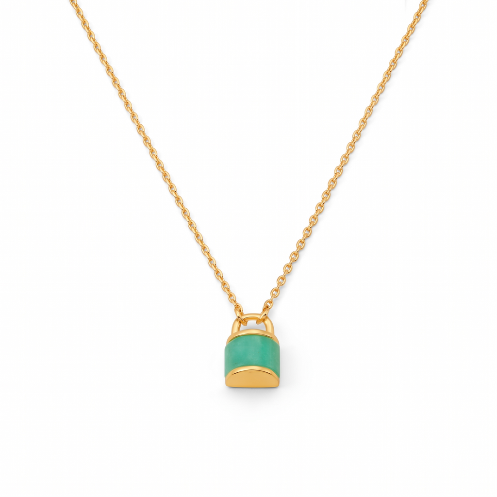 Metal Masters Dainty 14K Gold Plated Padlock Green Turquoise Pendant Necklace, Adjustable 16 to 18 Inch Chain