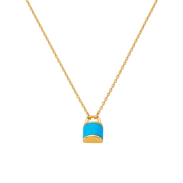Metal Masters Dainty 14K Gold Plated Padlock Blue Turquoise Pendant Necklace, Adjustable 16 to 18 Inch Chain