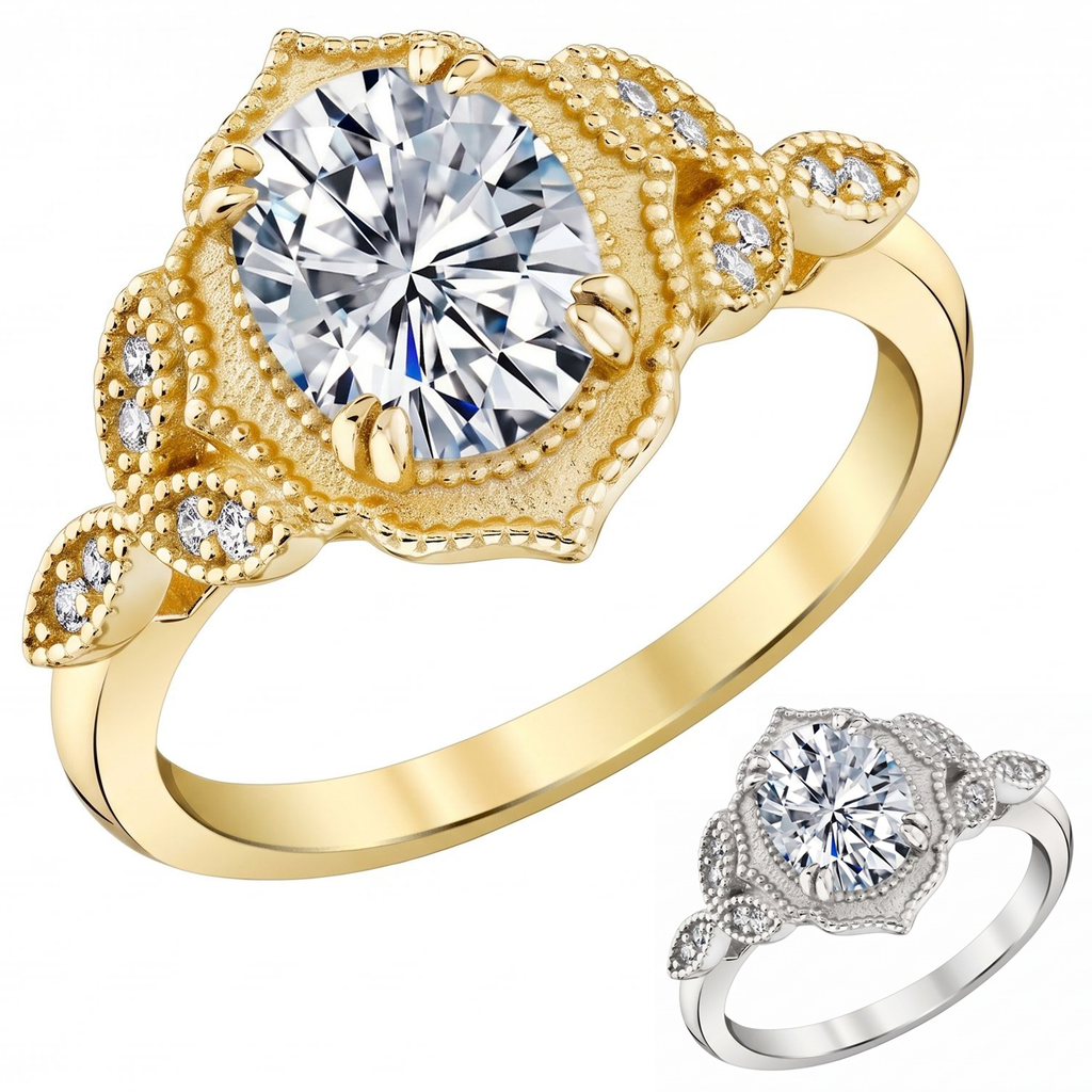 Metal Masters Womens 2.15 Carat Oval Moissanite Victorian Vintage Milgrain Engagement Ring 18K Gold Plated
