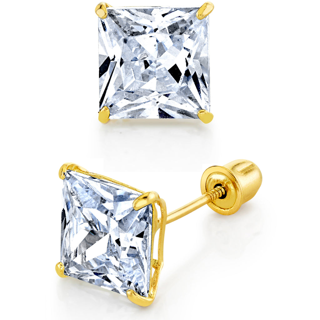 Metal Masters 14K Solid Gold Princess-cut Moissanite Stud Earrings Screwback