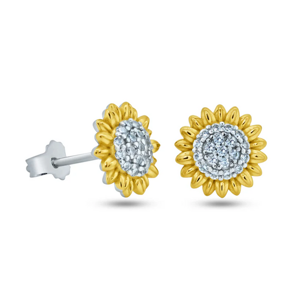 14K Gold Plated Sun Flower Stud Earrings 925 Sterling Silver .15Ct. Cubic Zirconia Pushback Butterfly