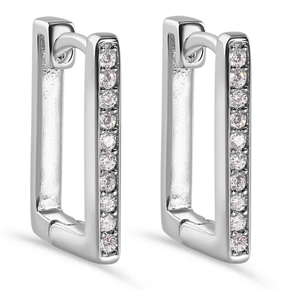 925 Sterling Silver Square Huggie Hoop Earrings .2Ct Cubic Zirconia