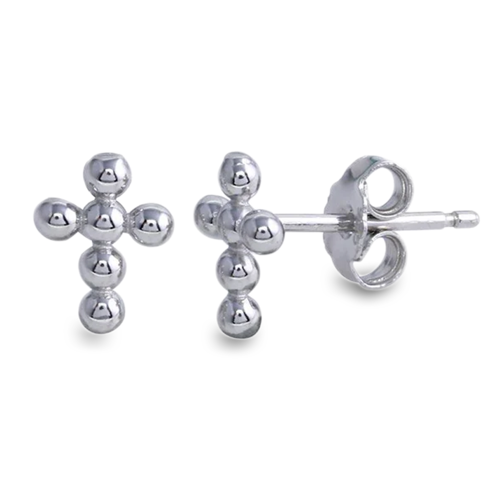 Womens Cross Stud Earrings Bead Ball Design 925 Sterling Silver Pushback