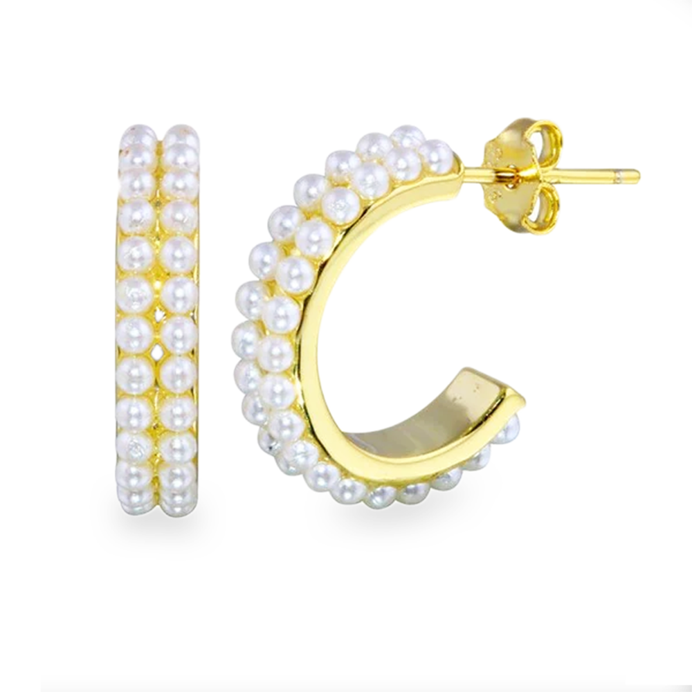 Womens 14K Gold Plated Pearl Hoop Earrings 925 Sterling Silver Pushback