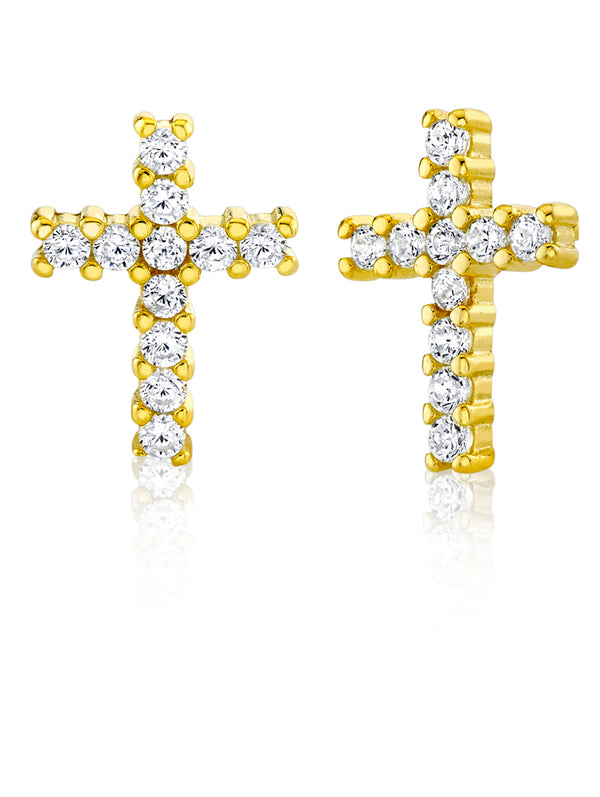 925 Sterling Silver Cross Stud Earrings Goldtone Round CZ