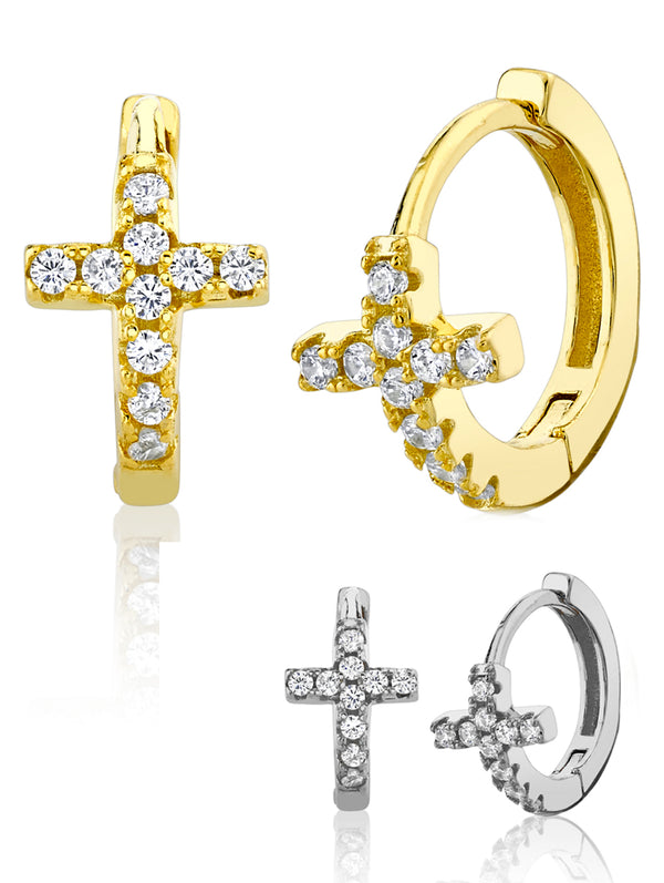 925 Sterling Silver Cross Goldtone Huggie Hoop Earrings Round CZ 6.5MM
