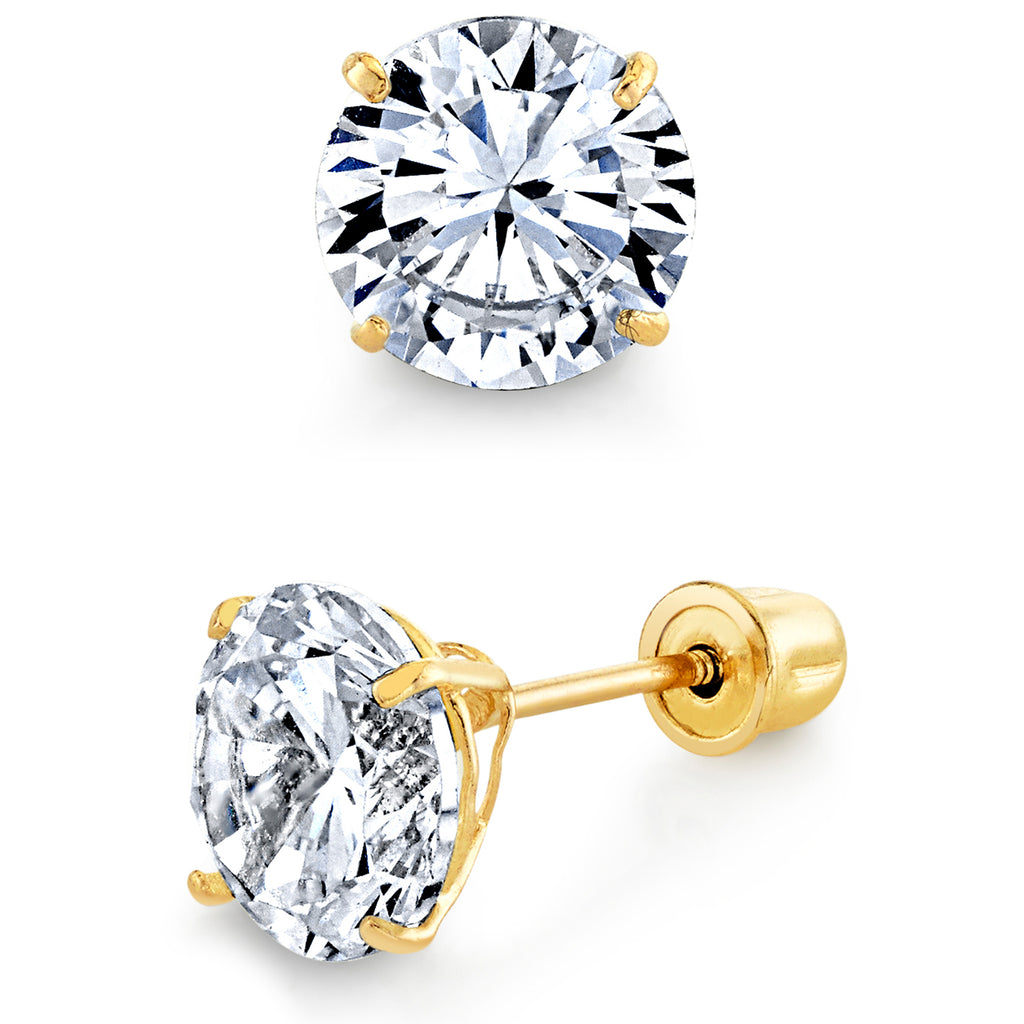 14K Solid Gold Round Stud Earrings Screwback CZ