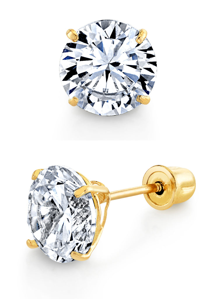 14K Solid Gold Round Stud Earrings Screwback CZ
