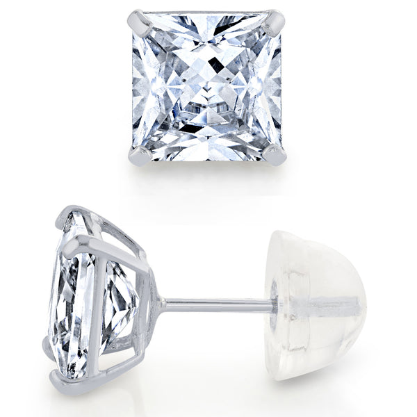 2.5ct CZ Square Stud Earrings, 6mm In Brass