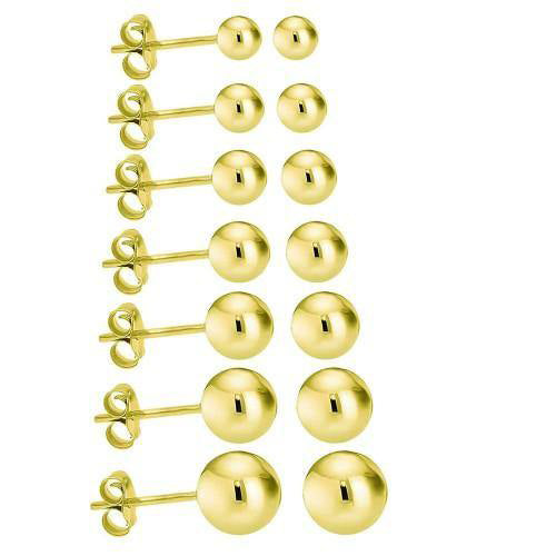14K Solid Gold Round Ball Stud Earrings Pushback Yellow