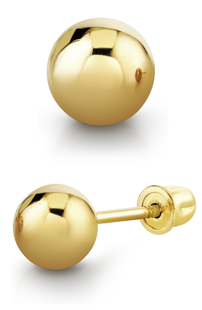 14K Solid Gold Round Ball Stud Earrings Screw-back Yellow