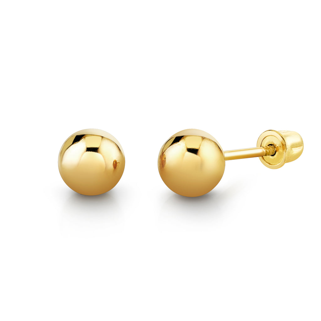 14K Yellow Gold Ball Stud Earrings with Secure Screw-backs