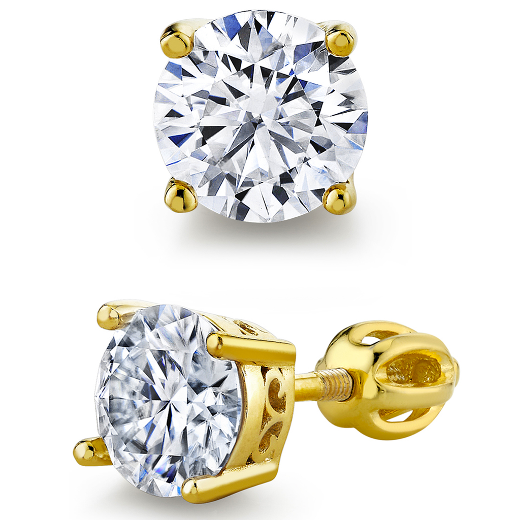 18K Gold Over Sterling Silver Round Brilliant Moissanite Screw Back Stud Earrings