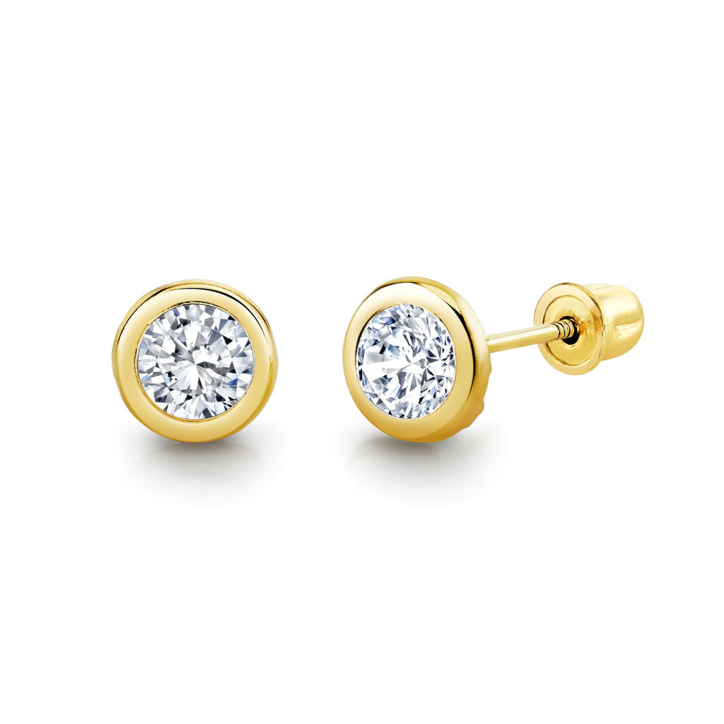14K White Gold Solitaire Round Cubic Zirconia Stud Earrings in Secure Screw-backs