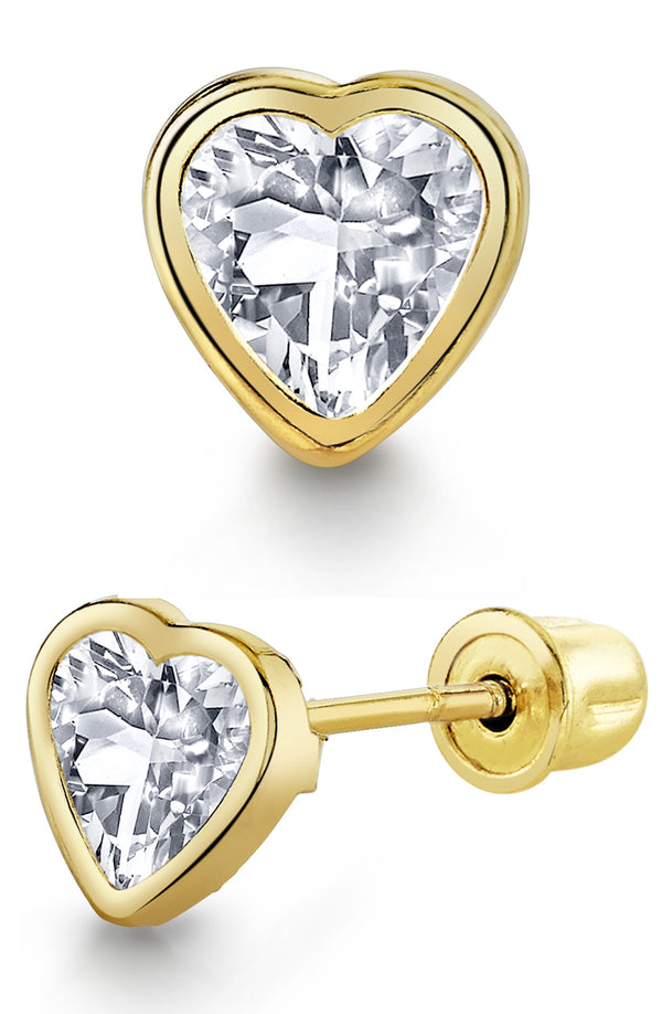 14K Solid Gold Simulated Diamond Heart Bezel Screw-Back Stud Earrings CZ