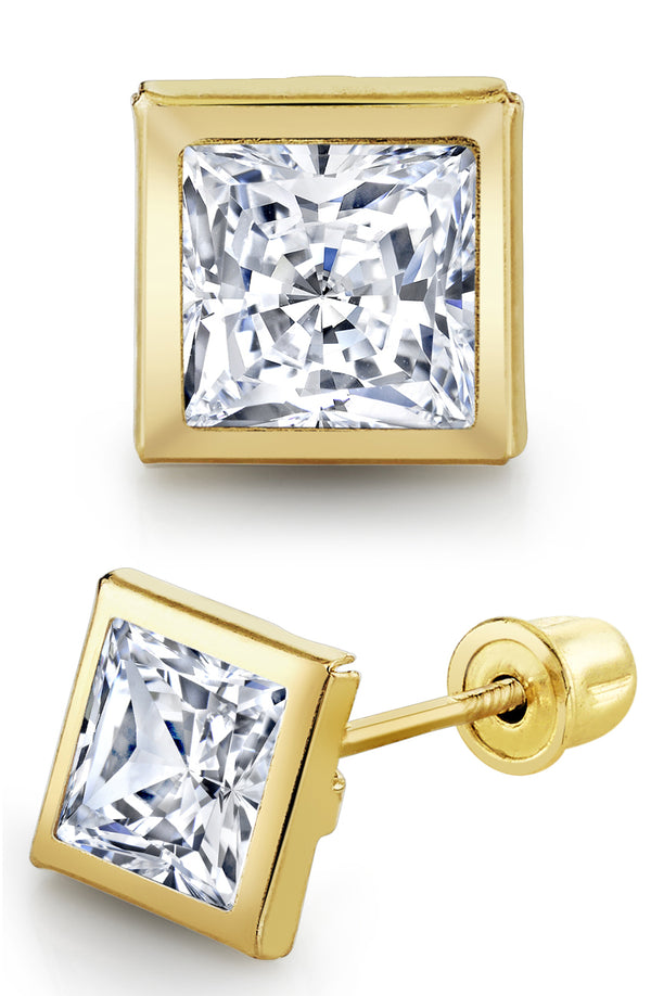 14K Solid Gold Simulated Diamond Princess Bezel Screw-Back Stud Earrings CZ