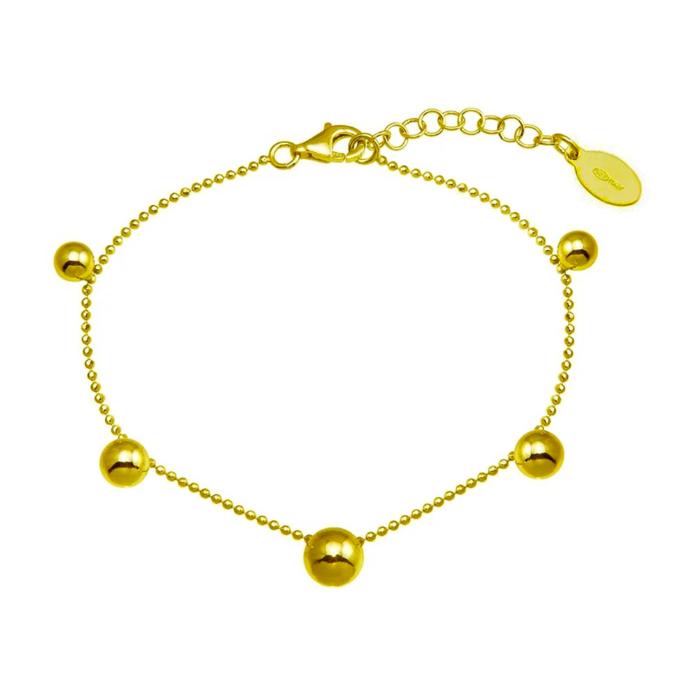 Womens 14K Gold Plated Bead Ball Bracelet 925 Sterling Silver 7-8in Adjustable Chain