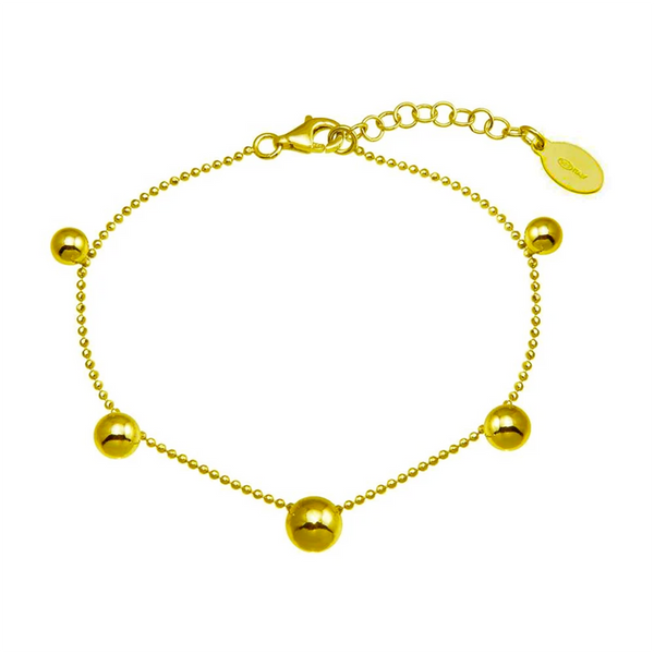 Womens 14K Gold Plated Bead Ball Bracelet 925 Sterling Silver 7-8in Adjustable Chain
