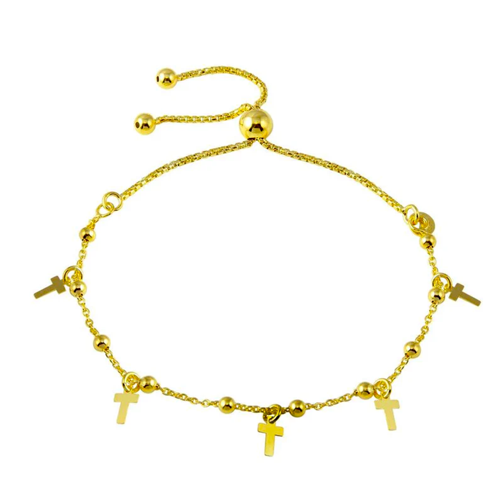 Womens 14K Gold Plated Bead Ball Cross Charm Bracelet 925 Sterling Silver Adjustable Chain