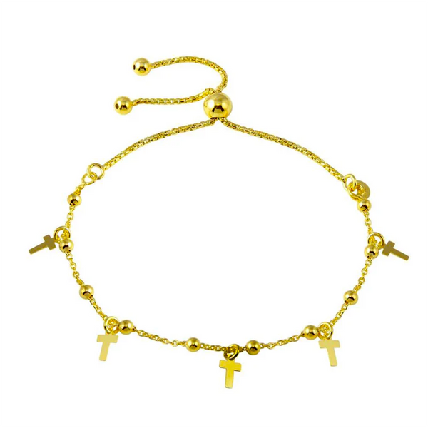 Womens 14K Gold Plated Bead Ball Cross Charm Bracelet 925 Sterling Silver Adjustable Chain