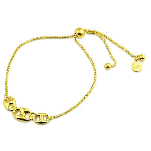 Womens 14K Gold Plated Puffed Marnier Bracelet 925 Sterling Silver Adjustable Box Chain 6-8in