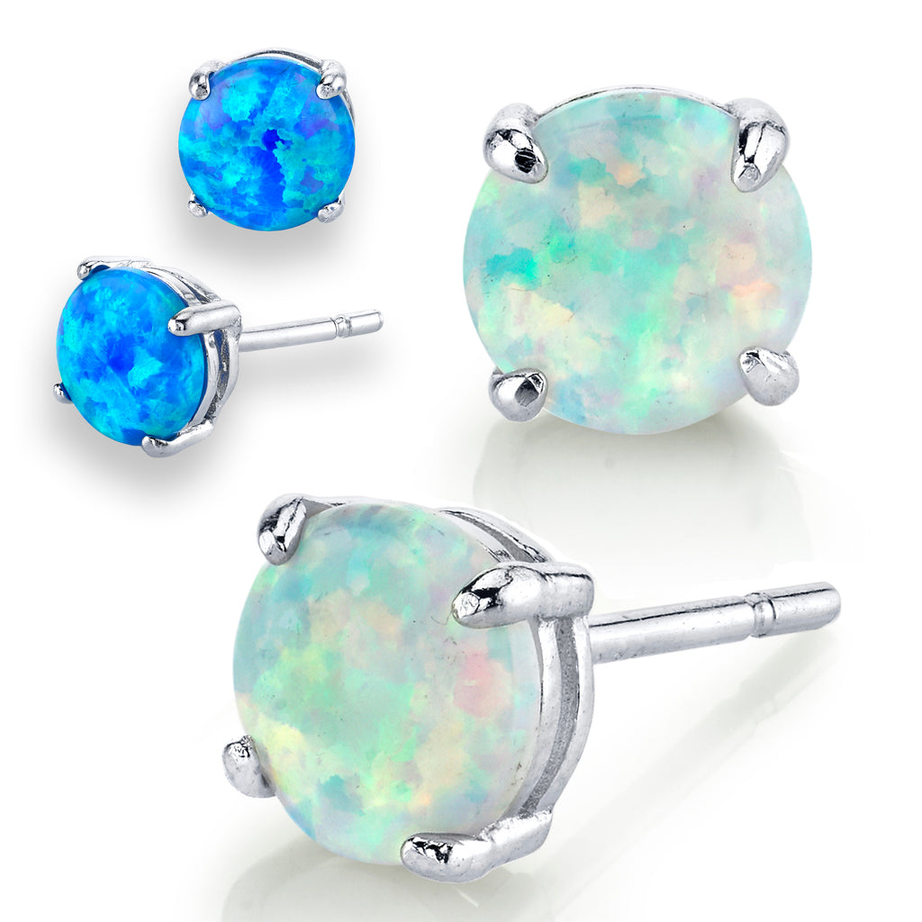 Sterling Silver 925 1.5 Carat TCW Opal Casted Stud Earrings Push Back White Fire Blue