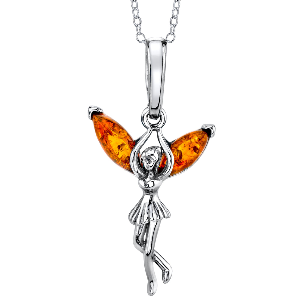 Baltic Amber Fairy Ballerina Sterling Silver Pendant Necklace 18" Rolo Chain