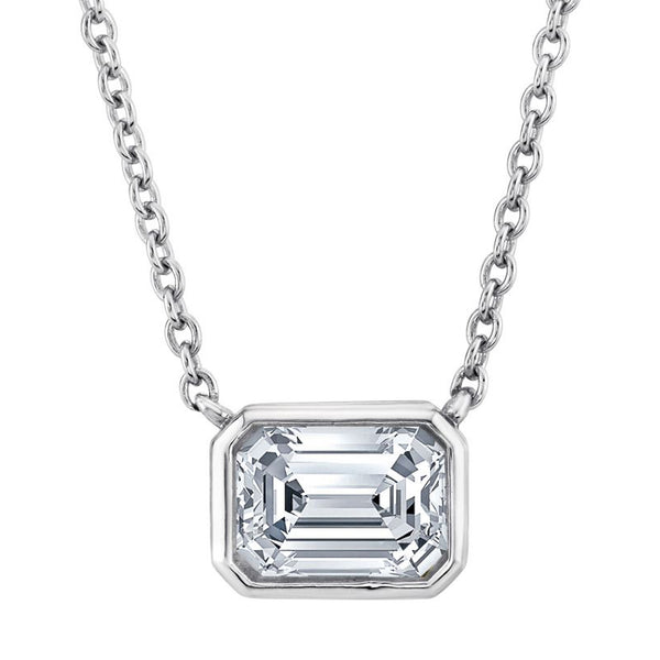 1 Ct. Moissanite Emerald-cut East West Pendant Necklace 18K White Gold on Silver Adjustable Chain