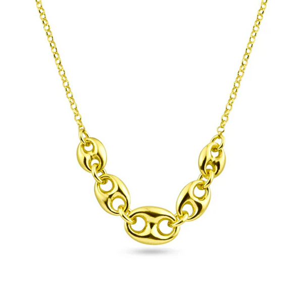 Womens 14K Gold Plated Puffed Marinier Links Pendant Necklace 925 Sterling Silver Adjustable Chain 16-18in
