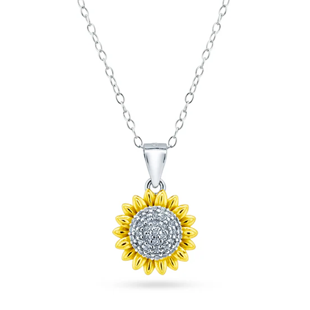 Womens 14K Gold Plated Sun Flower Pendant Necklace Cubic Zirconia Two-Tone Adjustable Chain 16-18in