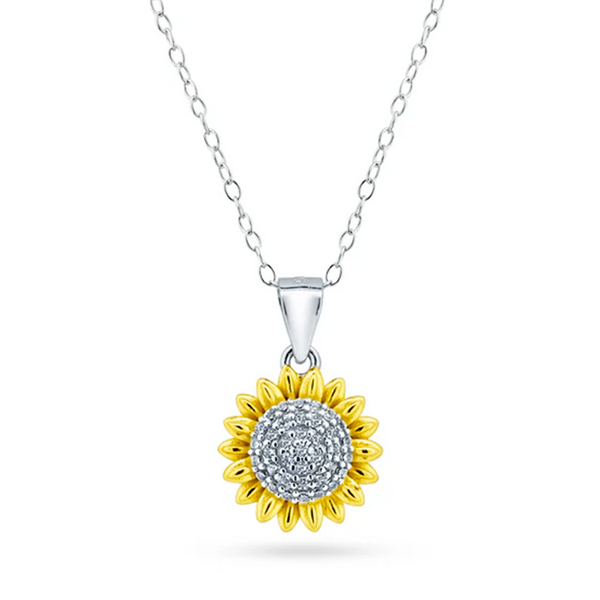 Womens 14K Gold Plated Sun Flower Pendant Necklace Cubic Zirconia Two-Tone Adjustable Chain 16-18in