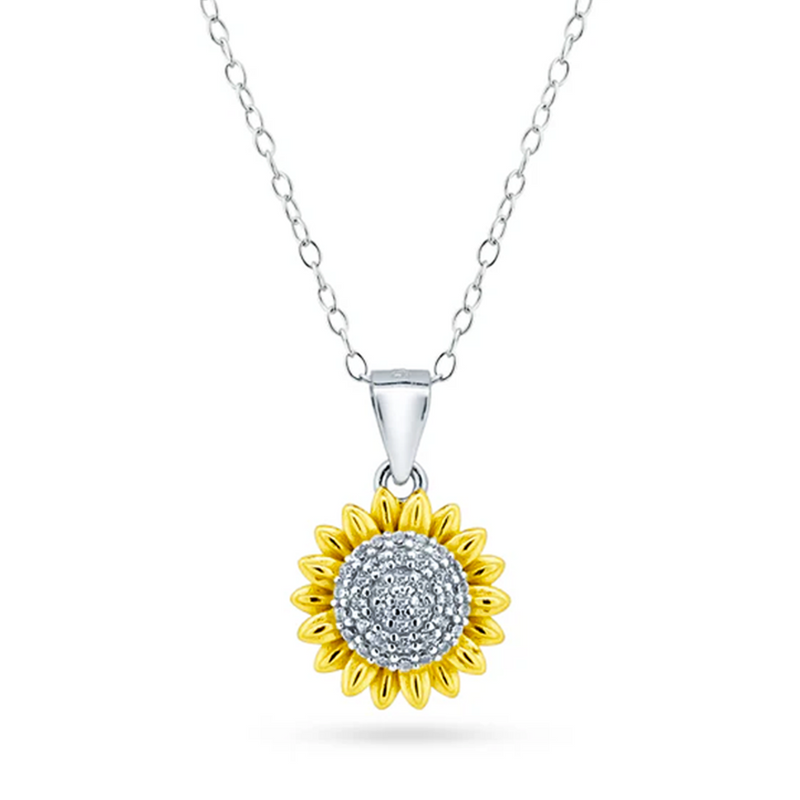 Womens 14K Gold Plated Sun Flower Pendant Necklace Cubic Zirconia