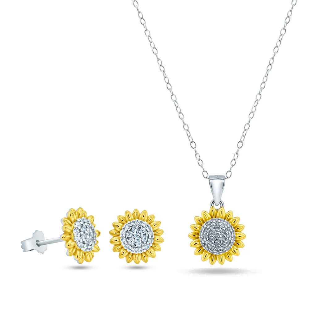 Womens 14K Gold Plated Sun Flower Pendant Necklace & Bracelet Set Cubic Zirconia Two-Tone Adjustable Chain