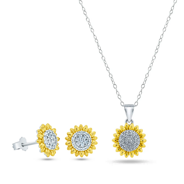 Womens 14K Gold Plated Sun Flower Pendant Necklace & Bracelet Set Cubic Zirconia Two-Tone Adjustable Chain