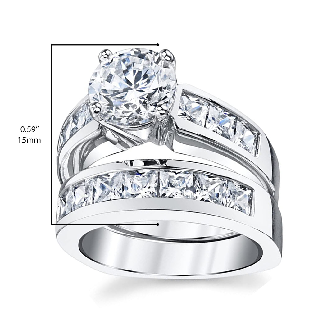 3 Pcs Couple Womens Princess Cut CZ Silver Stainless Steel Wedding Ring Set with Mens Matching Band 5 / 9