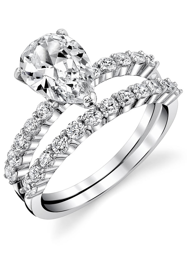 Women's Sterling Silver 925 Bridal Set Engagement Rings 1.5 Carat Pear Tear Shape Cubic Zirconia 5-9