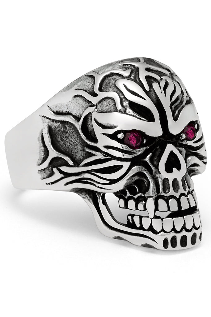 Men's Skull Biker Ring Sterling Silver 925 with Red Ruby Eyes 25MM