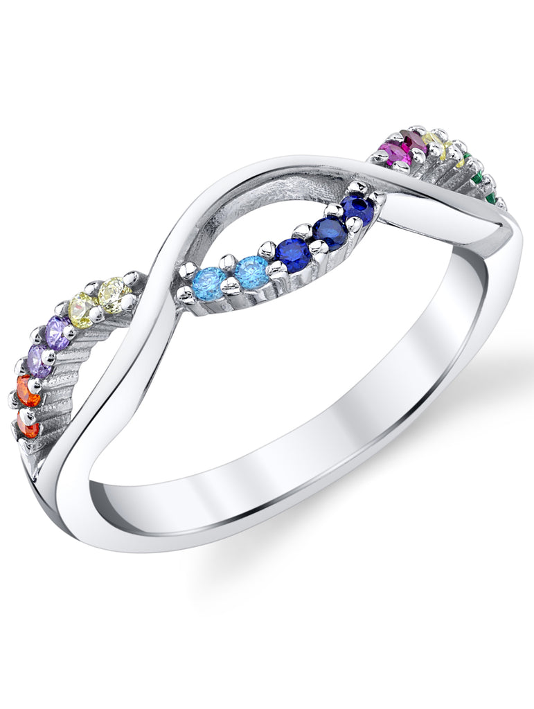 Womens Sterling Silver 925 Infinity Ring Band Multi-color Rainbow Cubic Zirconia