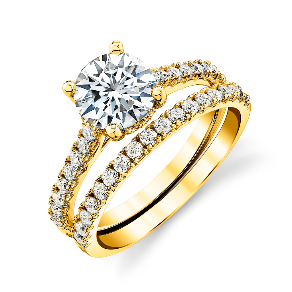 2 Carat Round-Cut Moissanite Halo Bridal Set Engagement Wedding Ring 18K Yellow Gold over Silver