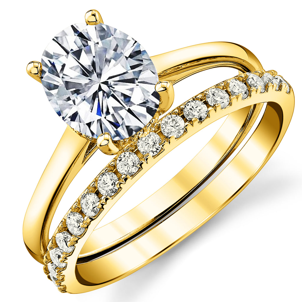 2.5 Carat Oval Under Halo Moissanite Bridal Set Engagement Wedding Ring 18K Yellow Gold over Silver