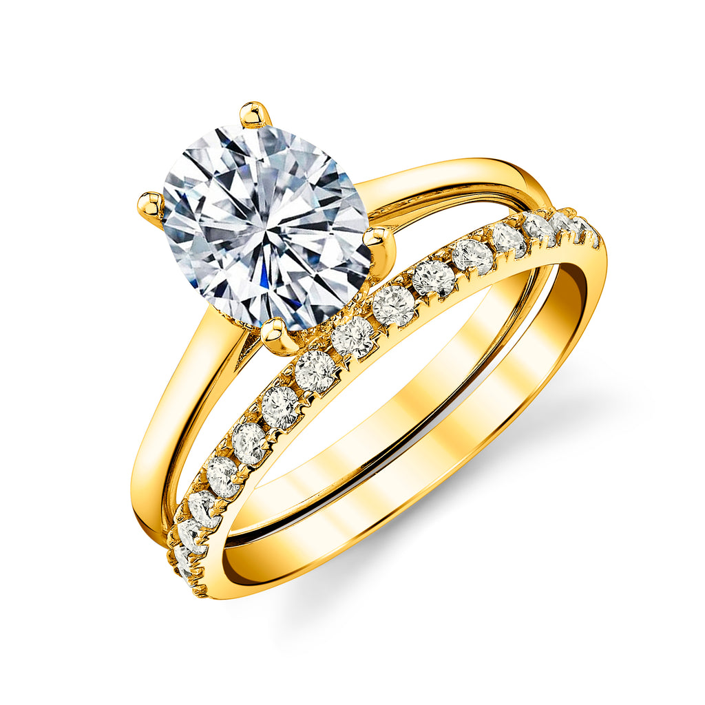 2.5 Carat Oval Under Halo Moissanite Bridal Set Engagement Wedding Ring 18K Yellow Gold over Silver