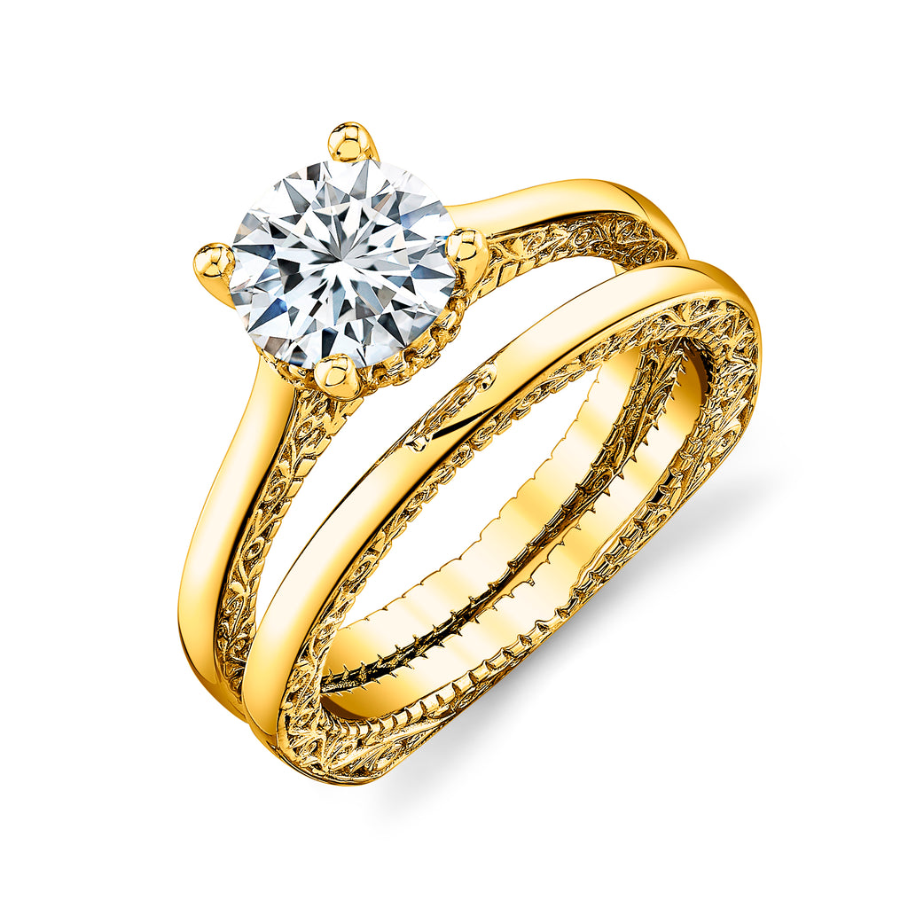 Bridal Set, Engagement And Wedding Ring Set In 18k Yellow Gold