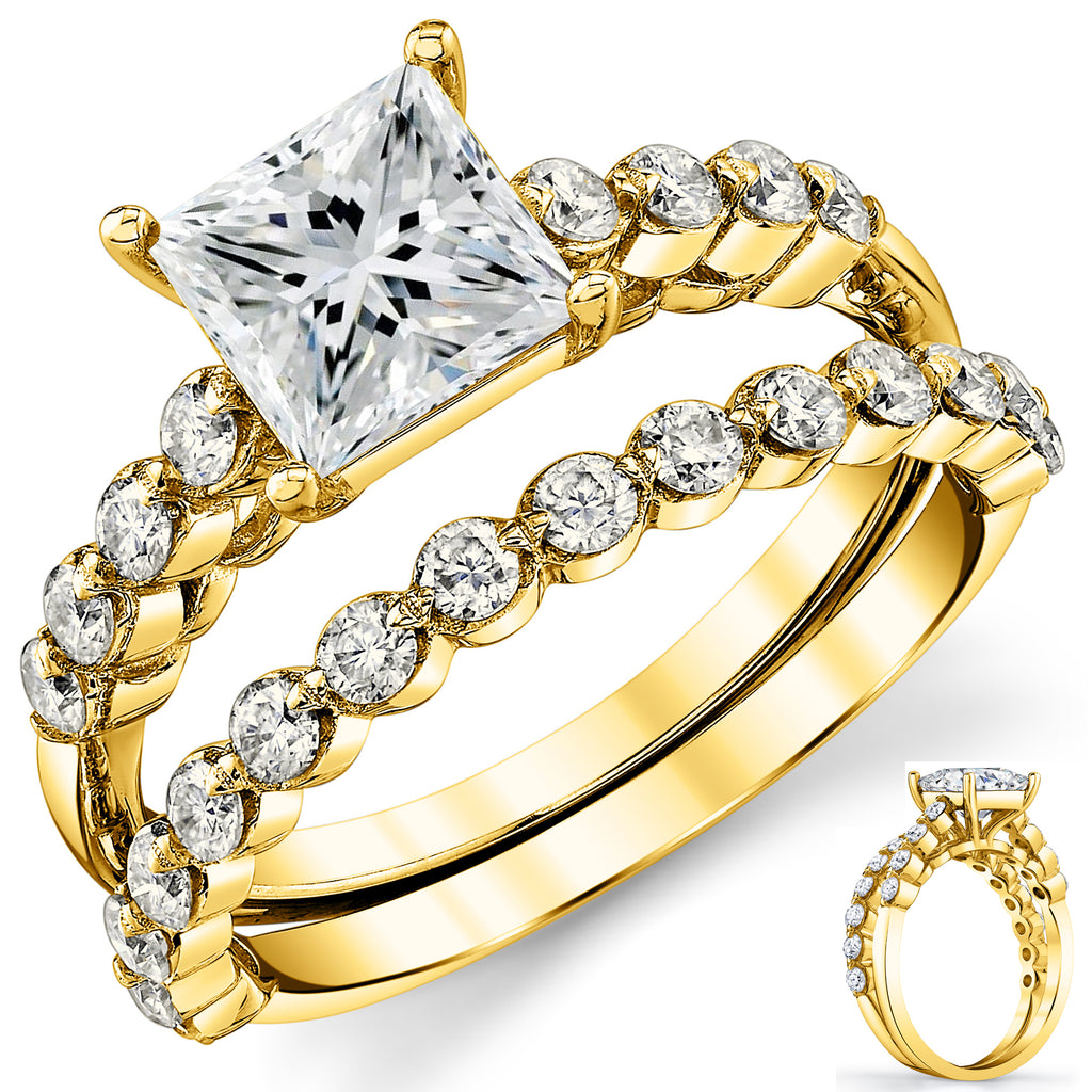 2.10Ct. Princess-Cut Moissanite Cathedral Wedding Bridal Set Engagement Ring 18K Yellow Gold over Silver