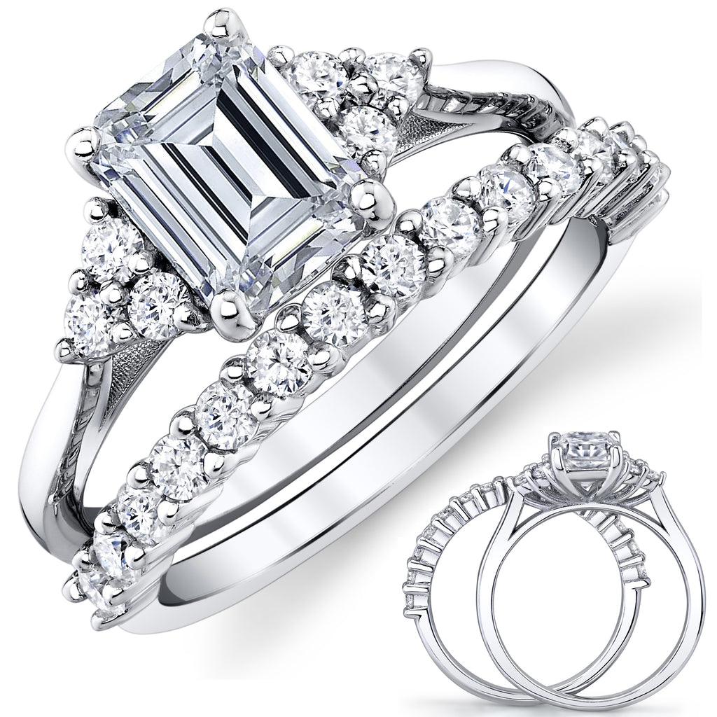 2.75Ct. Emerald Cut Moissanite Victorian Bridal Set Engagement Ring Wedding Band 18K White Gold over Silver